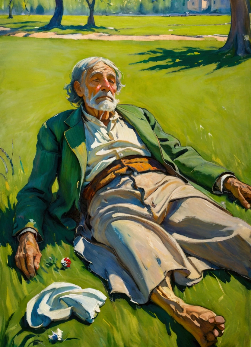 a tattered beggar lying on the grass, impressionist painting style, detailed wrinkles, dirty clothes, begging pose, lush green grass, warm sunlight, soft focus, (Inspiration comes from: Charles Camoin), vibrant colors, loose brushstrokes, textured canvas, high detail, masterpiece