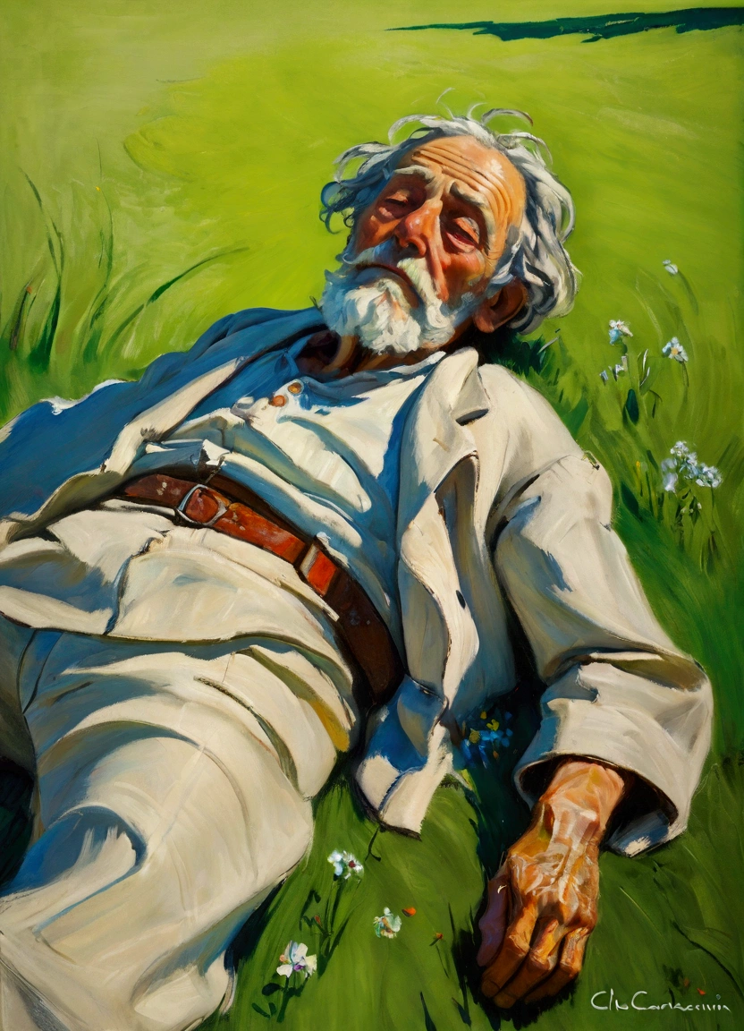 a tattered beggar lying on the grass, impressionist painting style, detailed wrinkles, dirty clothes, begging pose, lush green grass, warm sunlight, soft focus, (Inspiration comes from: Charles Camoin), vibrant colors, loose brushstrokes, textured canvas, high detail, masterpiece