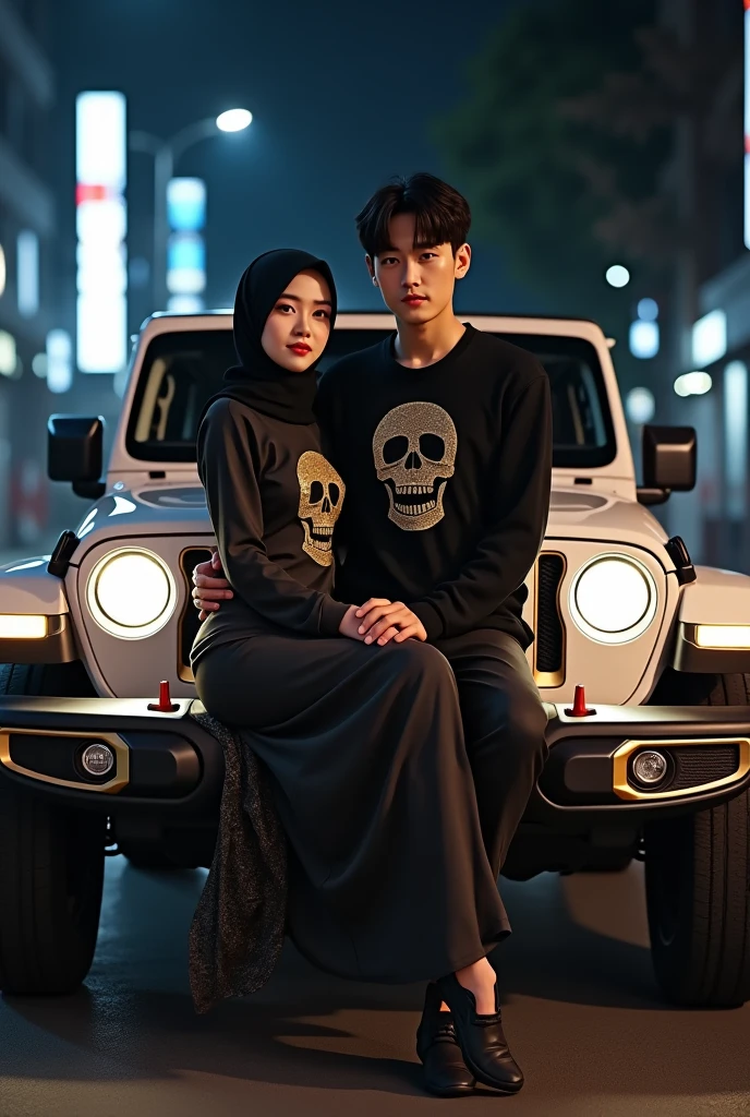 a Korean couple, a beautiful woman wearing a hijab and a Korean young man with thin, neat hair.Wearing a black sweater with a skull motif.sitting on the hood of a white Jeep with gold neon low-profile rims.holding the beautiful Muslim woman with matching clothes in the background, in a quiet street at night.spotlighting from the jeep