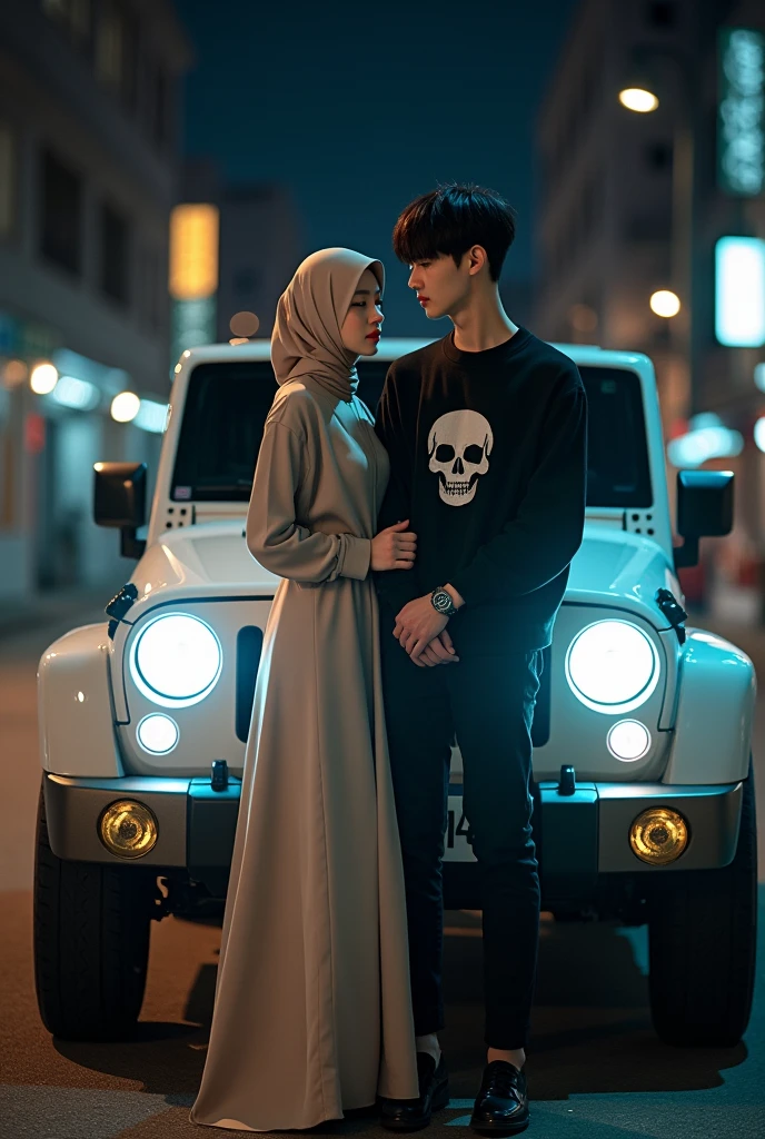a Korean couple, a beautiful woman wearing a hijab and a Korean young man with thin, neat hair.Wearing a black sweater with a skull motif.sitting on the hood of a white Jeep with gold neon low-profile rims.holding the beautiful Muslim woman with matching clothes in the background, in a quiet street at night.spotlighting from the jeep