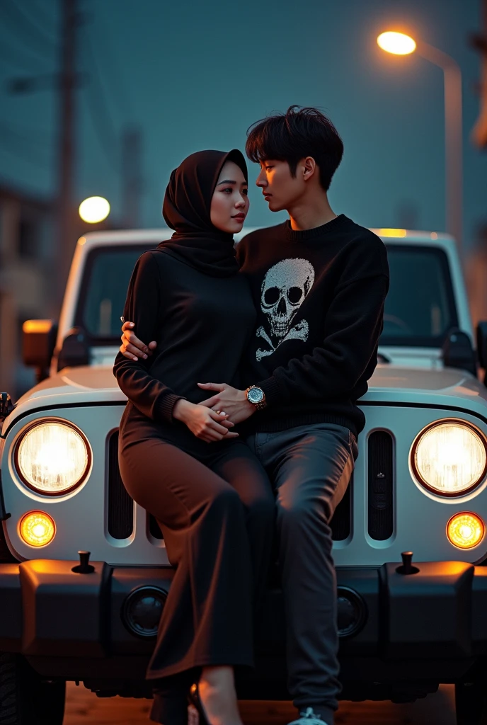 a Korean couple, a beautiful woman wearing a hijab and a Korean young man with thin, neat hair.Wearing a black sweater with a skull motif.sitting on the hood of a white Jeep with gold neon low-profile rims.holding the beautiful Muslim woman with matching clothes in the background, in a quiet street at night.spotlighting from the jeep