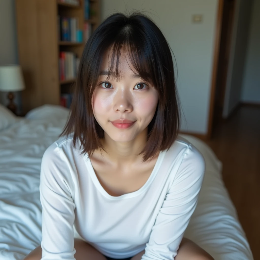A young, cute Japanese woman with medium-length hair、her hair is dark brown、Calm expression、Sitting on the bed、her body is leaning slightly forward、a thin white long-sleeved T-shirt、a tight fit is emphasized、indoor、Behind her is a bookshelf、table、I can see the door、part of a living space、indoorの明るい照明で、a slightly cool tone of light、a quiet and private space、Calm atmosphere、Large, slightly droopy eyes、Double eyelids、Eyes that give a gentle impression、Smaller, more natural-looking nose、Smaller lips、The lips are well shaped、Straight medium bob hair、Brown Hair、The bangs are short、Smooth, Healthy Skin、Obese、Bust is emphasized、Selfie-style perspective