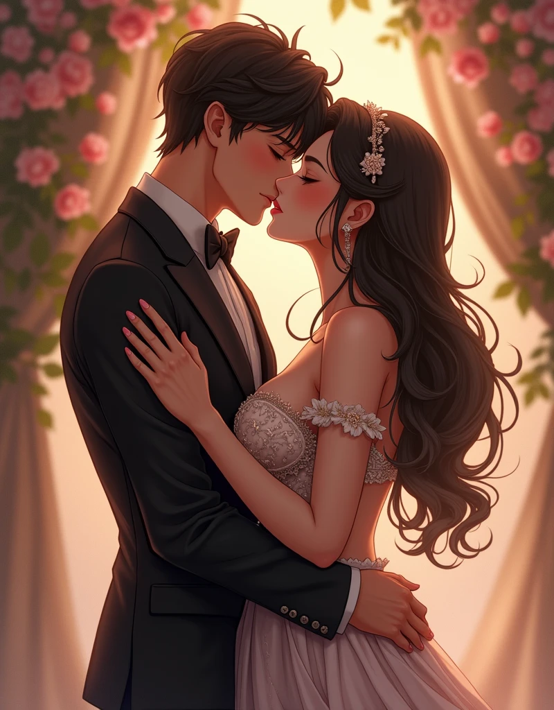 Girl with big breasts kissing her boyfriend in anime with elegant and sensual clothes