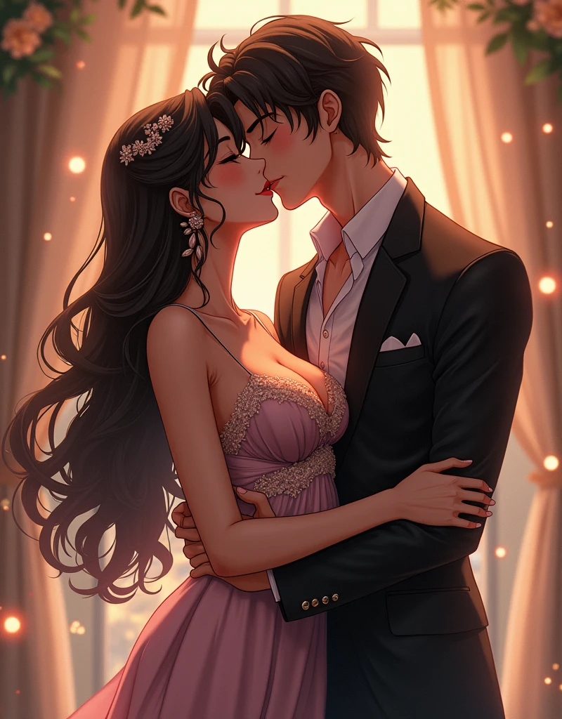 Girl with big breasts kissing her boyfriend in anime with elegant and sensual clothes