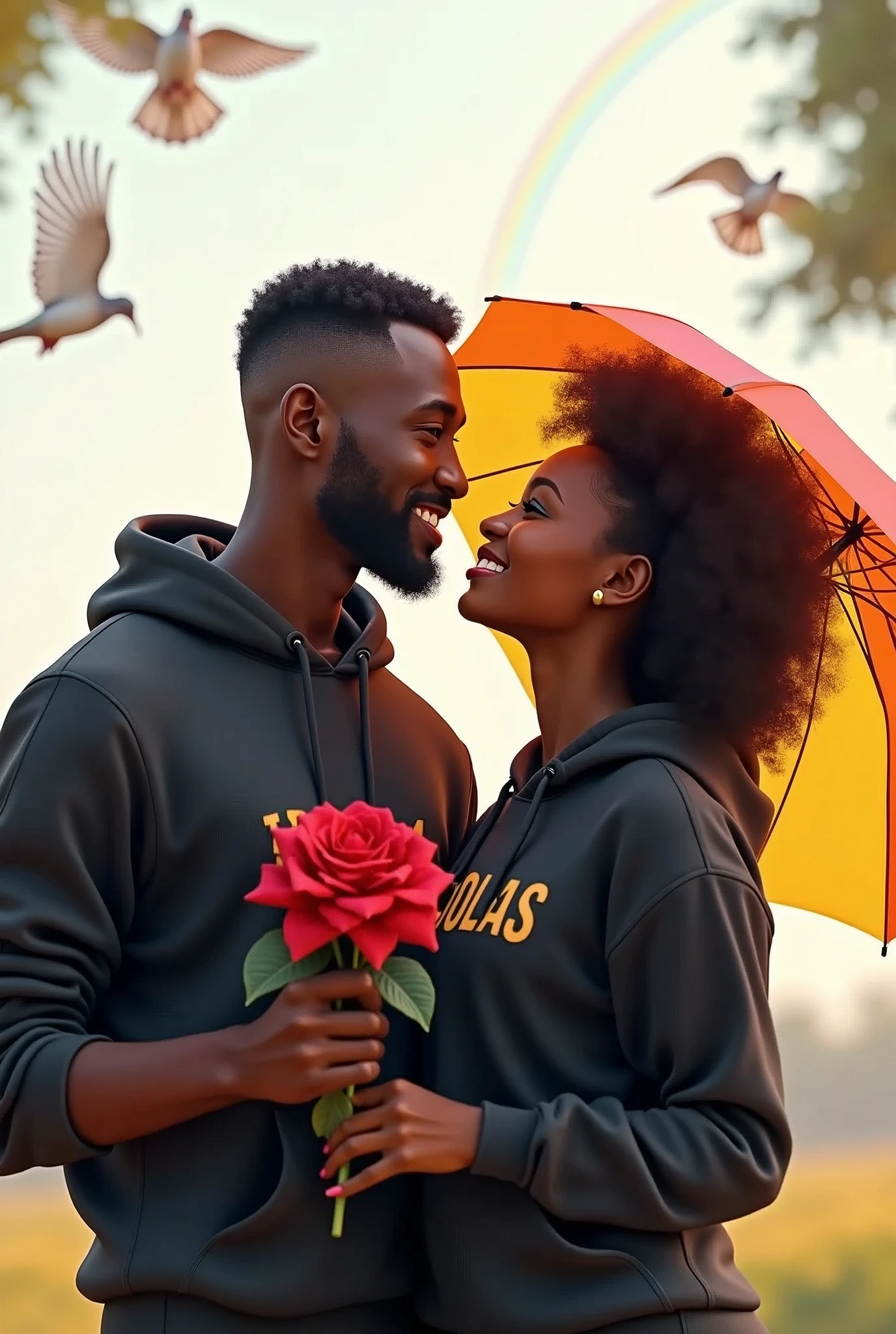 Realistic African 25-year-old Handsome boy with beard ,Black Hoodie with a 22-year beautiful girl in a Black Hoodie, the girl has a red rose flower in her hand, and the boy holding a multi-colorful umbrella in his hand, written in "idris" in the boy's hoodie, and "nicolas" in girl hoodie, in outdoor Park with white Background Doves Flying, Beautiful  picture, pretty girl, So happy picture, profile pic, Rainbow Behind, 3d illustration, hyperrealistic, Look straight 