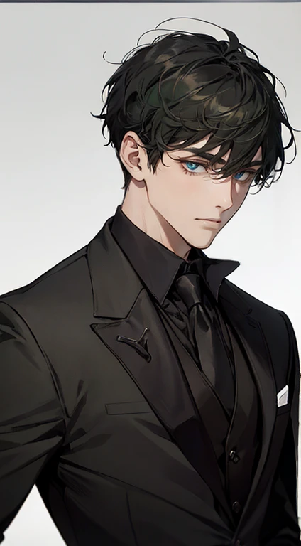 ((a young man in a black suit and tie)), taken in the early 2020s, gotham, alejandro, he looks very sophisticated, (((left side swept bang black short hair))), (dark green eyes and thick eyebrows), smirk. ((20 years old)), ((Black suite and black tie)), masterpiece, posture dynamic, one person,