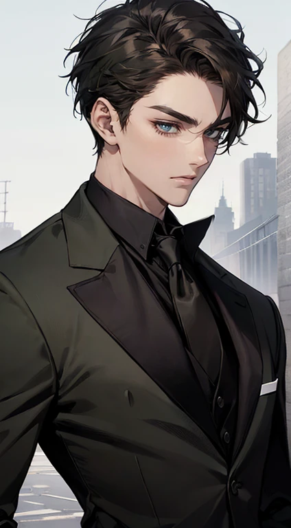 ((a young man in a black suit and tie)), taken in the early 2020s, gotham, alejandro, he looks very sophisticated, (((left side swept bang black short hair))), (dark green eyes and thick eyebrows), smirk. ((20 years old)), ((Black suite and black tie)), masterpiece, posture dynamic, one person,