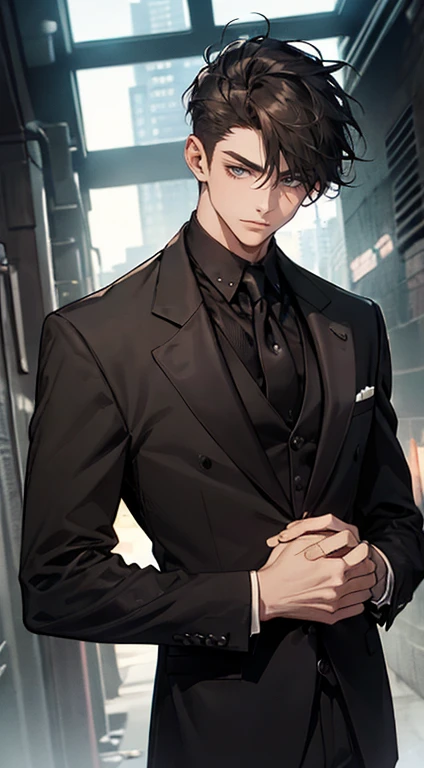 ((a young man in a black suit and tie)), taken in the early 2020s, gotham, alejandro, he looks very sophisticated, (((left side swept bang black short hair))), (dark green eyes and thick eyebrows), smirk. ((20 years old)), ((Black suite and black tie)), masterpiece, posture dynamic, one person,