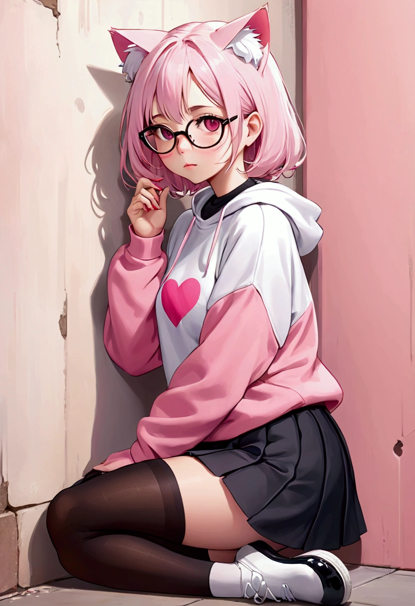 I have white pink hair, cat ears, A good, My face is super flushed, black glasses, pink heart eyes, a big pink sweatshirt, a black skirt, black stockings, White shoes, A cat'cola, A woman. very shy that is stuck to a wall with her butt