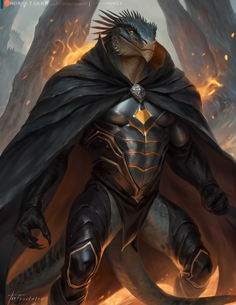 a ferocious male lizardfolk druid, muscular detailed body, gray color body, yellow eyes, masculine pose, open chest, magic bodysuit, green and black long cloak, comicbook style, best quality, 4k, ultra-detailed, realistic, by laobai, by taran fiddler, by honovy