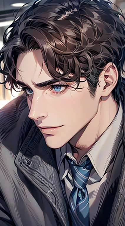 (Highest quality,4K,8K,High resolution,masterpiece:1.2),Super detailed,(Realistic,photoRealistic,photo-Realistic:1.37),1 person,31 years old,Mature Men,Beautiful skin、Profile、very handsome,Expressionless,smile,Short gray dark hair,blue eyes,Sharp Eyes,A perfect face without a doubt,Businessman,Office Background,Cinema Lighting,HDR image,tie、