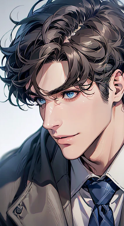 (Highest quality,4K,8K,High resolution,masterpiece:1.2),Super detailed,(Realistic,photoRealistic,photo-Realistic:1.37),1 person,31 years old,Mature Men,Beautiful skin、Profile、very handsome,Expressionless,smile,Short gray dark hair,blue eyes,Sharp Eyes,A perfect face without a doubt,Businessman,Office Background,Cinema Lighting,HDR image,tie、