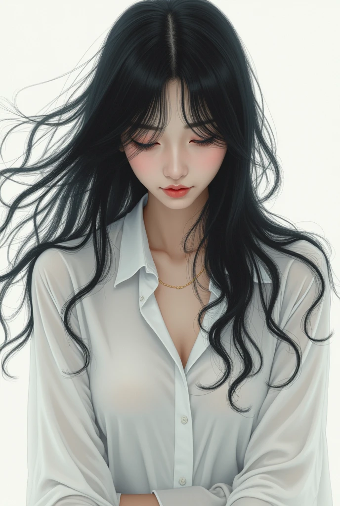 Best Quality、Japanese、Masterpiece、Fleeting Black Hair、long hair、A woman in a white shirt is looking down、Selphy、