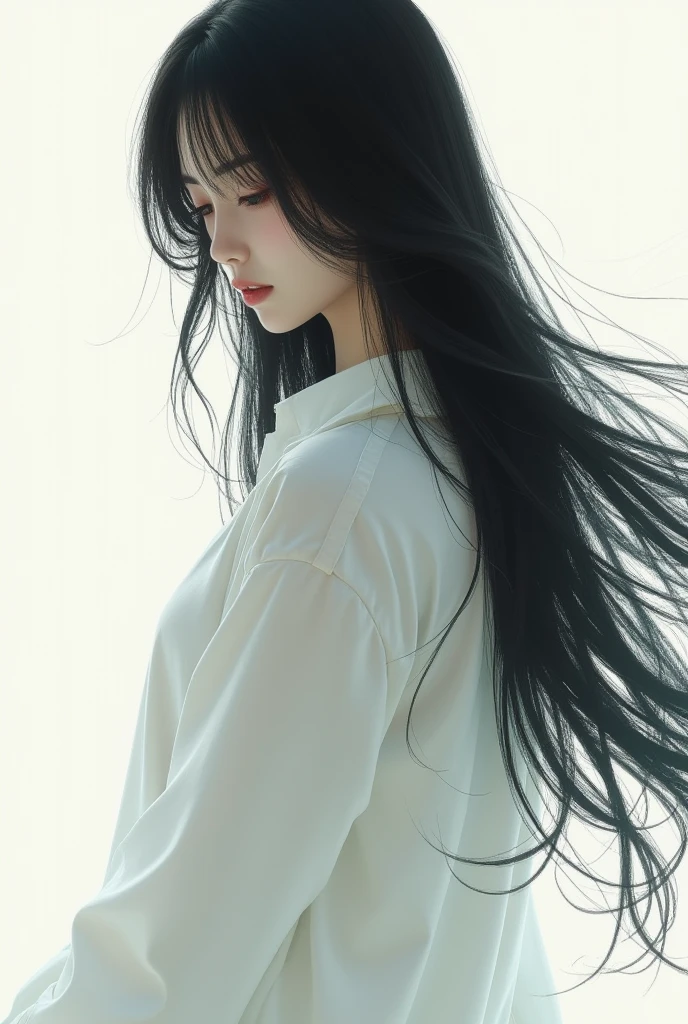 Best Quality、Japanese、Masterpiece、Fleeting Black Hair、long hair、A woman in a white shirt is looking down、Selphy、