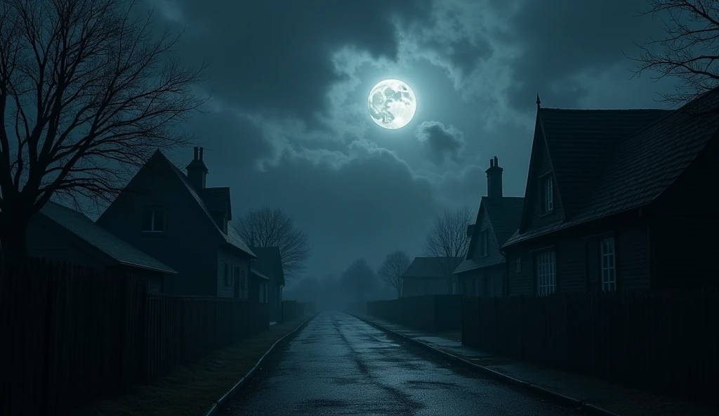 Nightfall in the village, with the full moon barely visible through thick clouds. The village seems unnaturally quiet