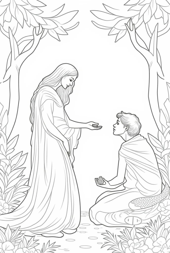 Adam and Eve in the eden garden and snake. Eve giving half eaten fruit to Ada. Also need to have snake. line drawing style