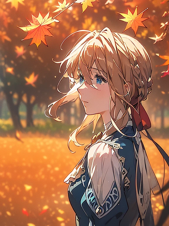 (((Very beautiful autumn scenery:1.3))), (Super detailed face, Highly detailed, Violet Evergarden:1.3), Highly detailed face, Blonde hair, Blue eyes, hair between eye, full body, bow ribbon, Red Ribbon, braid, Hair Ribbon, Blue jacket, Long skirt, Jewelry, Bangs, brooches, anime realism style, Anime coloring, White Ascot, autumn leaves, Falling leaves, Withered leaves floating, tree, light leaks, (light particles:1.2, Sparkling landscape), extremely details CG, (Perfect Anatomy), Perfect beautiful composition, ((masterpiece, best quality, HDR, high resolution))
