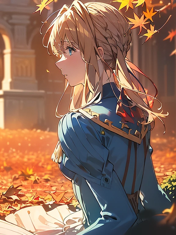 (((Very beautiful autumn scenery:1.3))), (Super detailed face, Highly detailed, Violet Evergarden:1.3), Highly detailed face, Blonde hair, Blue eyes, hair between eye, full body, bow ribbon, Red Ribbon, braid, Hair Ribbon, Blue jacket, Long skirt, Jewelry, Bangs, brooches, anime realism style, Anime coloring, White Ascot, autumn leaves, Falling leaves, Withered leaves floating, tree, light leaks, (light particles:1.2, Sparkling landscape), extremely details CG, (Perfect Anatomy), Perfect beautiful composition, ((masterpiece, best quality, HDR, high resolution))