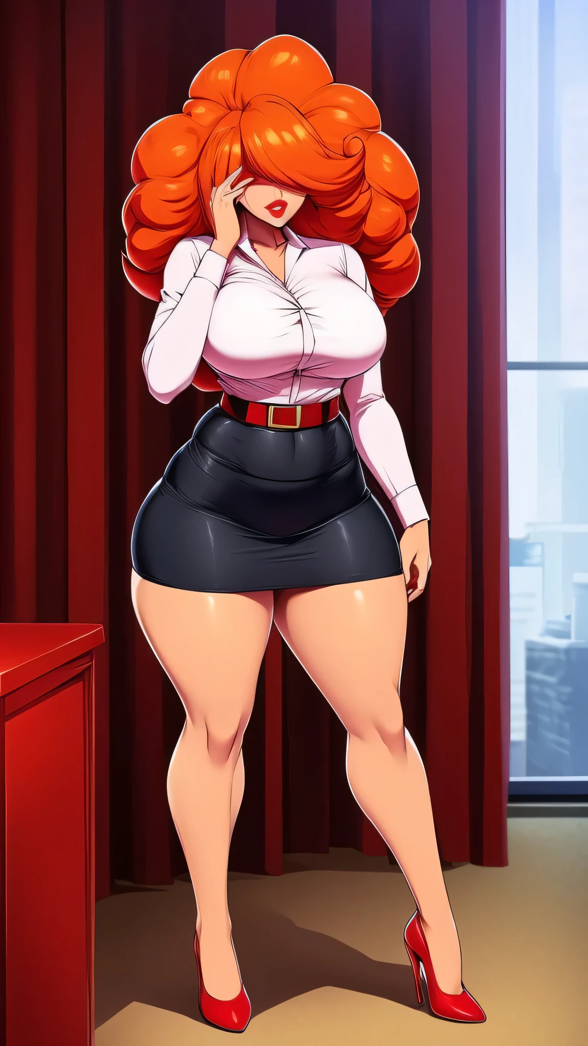 A tall, sexy, sensual, beautiful woman with large breasts, long, wavy, curly, fluffy orange hair, covers her face with red lips, wears a red button-down office shirt and a short red office skirt, and black heels. 