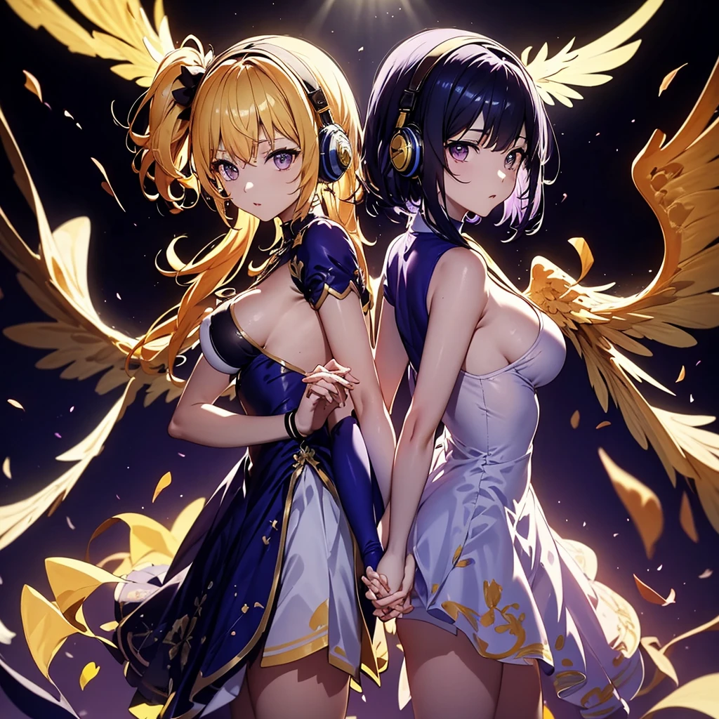 ((Highest quality)), (detailed), holding hands, back to back, with dark indigo hair, short hair with long bangs(Large Breasts)with purple eyes, with a glaring look, wearing white headphones, and large wings, long side ponytail, enveloped in flames, average(Small breasts)with long golden hair and purple eyes、Idol、Holding hands and standing back to back.0、Yellow and purple light cube background 1.7、学生服のようなIdol衣装1.6、Anatomically correct 2.0、Two people 2.0、Pastel 0.6、Long socks 1.3