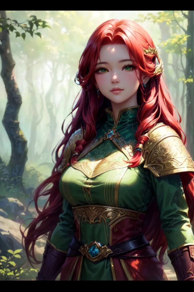 a woman with red hair and a green dress in a forest, stunning character art, beautiful character painting, epic and exquisite character art, epic fantasy art style, fantasy art style, artgerm and wlop, fantasy style art, fantasy concept art portrait, aly fell and artgerm, 极其详细的Artgerm, detailed fantasy art, Fantasy character art