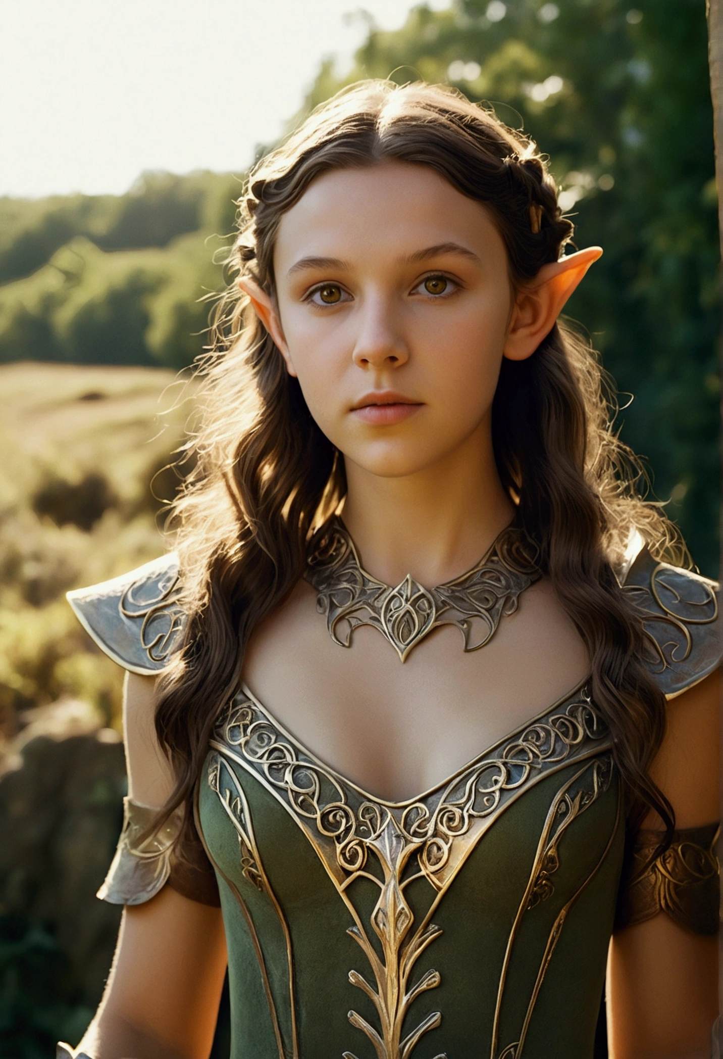 analog film photo, photo of a young elven girl, 18 years old, elf ears, jade eyes, dark, long messy waves, sun-tanned complexion, olive skintone, Amazonian stature, voluptuous hourglass figure, busty bosom, narrow waist, full hips, big plump buttocks, wearing elven undergarments, resembles Taylorr Swift, strolling through a fantasy landscape, RAW Photograph, dslr, soft lighting, high quality, film grain, Fujifilm XT3, detailed skin with visible pores, insane details, masterpiece, 8k, 35mm photograph, dslr, kodachrome, faded film, desaturated, grainy, vintage, Lomography, stained, highly detailed, found footage, close-up shot, elven ears