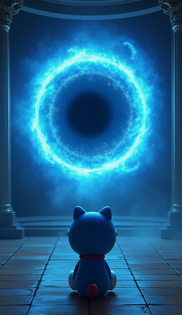 Doraemon sits in a room with a blue black hole that sucks in everything around it.