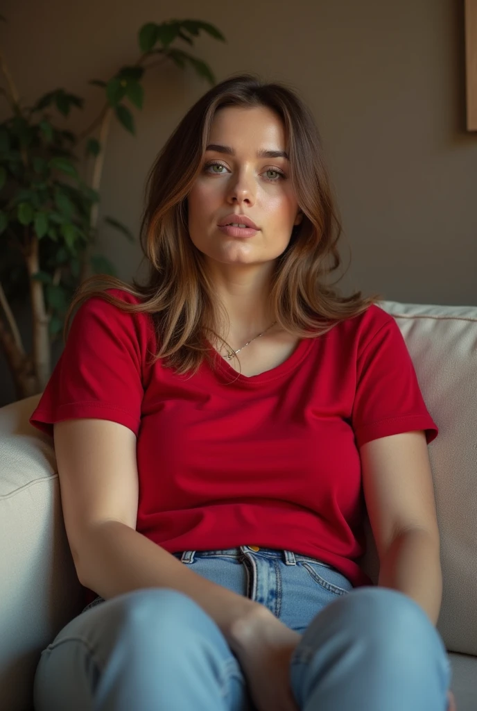 beautiful woman, sitting on sofa wearing a red t shirt , her puusy liking a boy