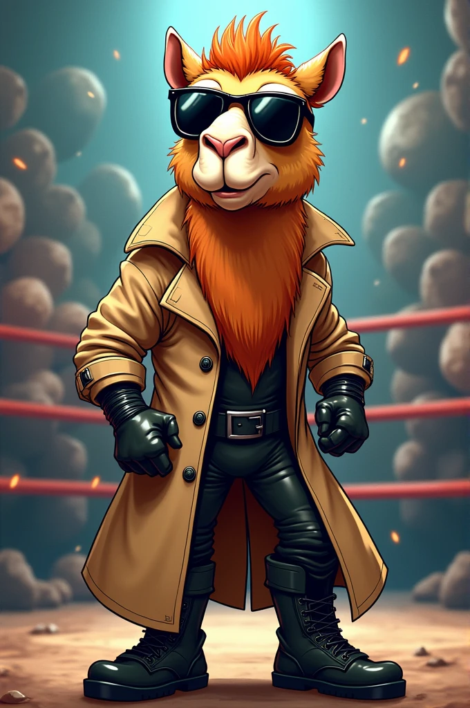 cartoon camel dressed like wrestler edge smiling while wearing sunglasses and trenchcoat 

