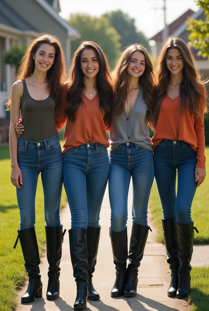 a group of beutiful brown hair anger, show entire bodys, feet in view, front view, all wearing high waisted blue tight jeans, black overknee boots, sunny day, smiling, staying in neighboorhood, aerial photography, 20 years old, realistic