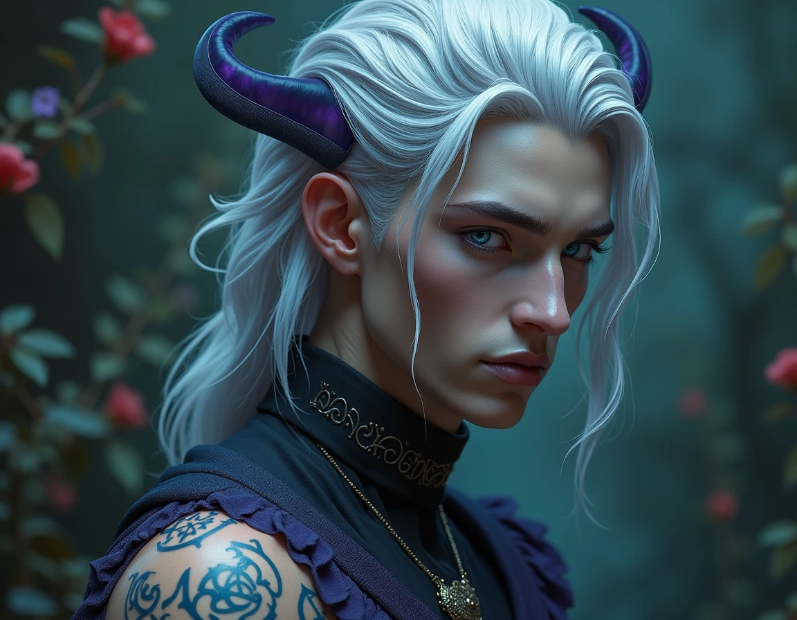 Design me an image of a man from a fantasy world, from a 199 cm, with a masculine texture and porcelain-like skin tones, but soft eyes ranging from light blue to medium dark violet, with medium-length, silky silver hair, straight nose, who has rune tattoos, with clothes, add some unique characteristics to distinguish them from humans, Add something more fantastical