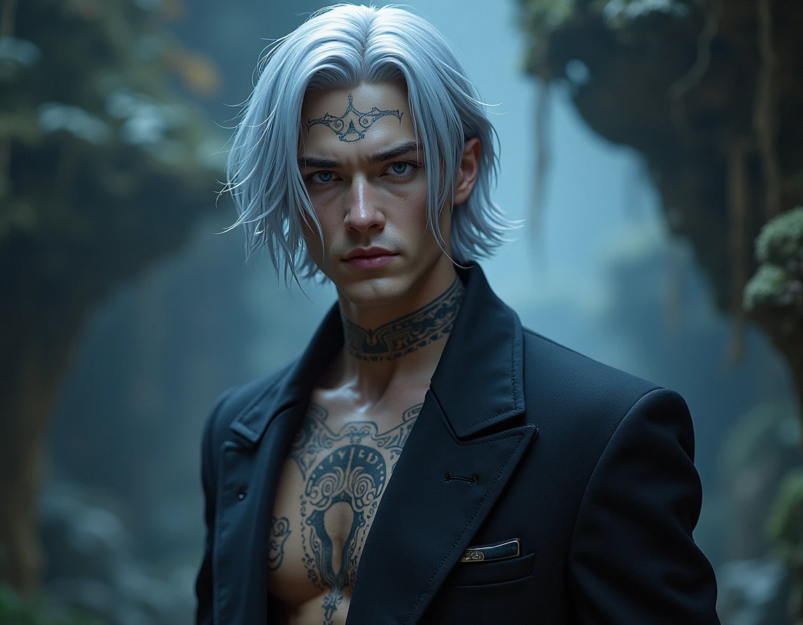 Design me an image of a man from a fantasy world, from a 199 cm, with a masculine texture and porcelain-like skin tones, but soft eyes ranging from light blue to medium dark violet, with medium-length, silky silver hair, straight nose, who has rune tattoos, with clothes, add some unique characteristics to distinguish them from humans, Add something more fantastical