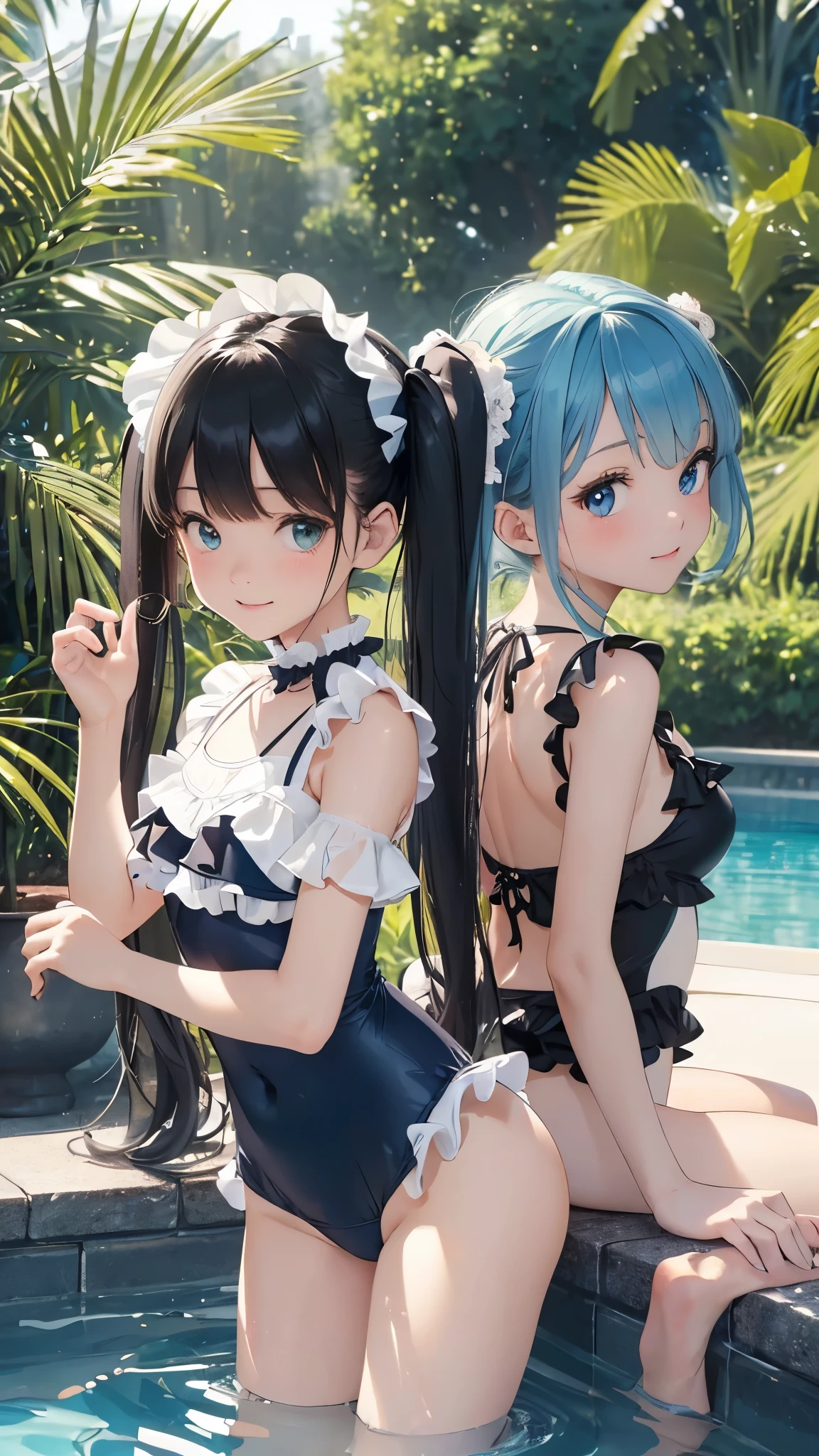 ((masterpiece)), ((highest quality、Ultra high definition)), (Very detailed),(8k、Photo quality)、((Amazingly cute girl)),16-year-old girl)), Two people, , (Beautiful emerald blue eyes), ((smile、Small breasts)),In the open-air bath overlooking the sea, Beautifully arranged black hair in twin tails、Slim Body、(((Cute swimsuit with lace and frills)))、Professional Lighting、(White lace knee-highore detailed and beautiful)、(More details and cutenesore realistic)、((Just wear light clothing))、Frolic in the pool、((unbelievably cute))、((A cute pose))、((Front and back view))、((At dusk))、(Have a drink to stay hydrated)、