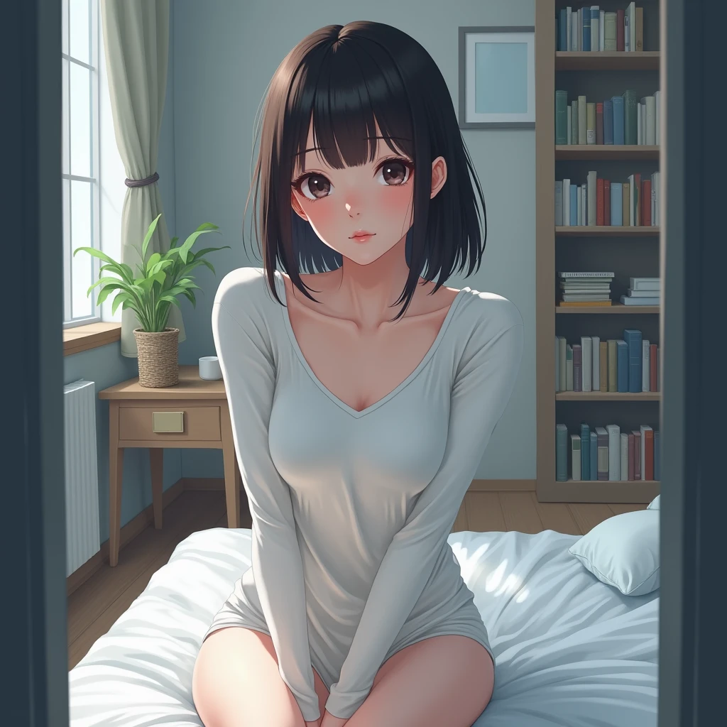 • character: Short-haired female character。Hair is semi-long and dark brown。
	•expression: Gentle expression looking straight at the camera。
	• pause: Sitting on the bed、Leaning slightly forward towards the camera。
	• Costumes: a thin white long-sleeved T-shirt、a tight fit is emphasized。
	• background: indoor。Behind her is a bookshelf、table、I can see the door。part of a living space。
	• Lighting: bright indoor lighting、a slightly cool tone of light。
	• Overall atmosphere: a quiet and private space、Calm atmosphere。