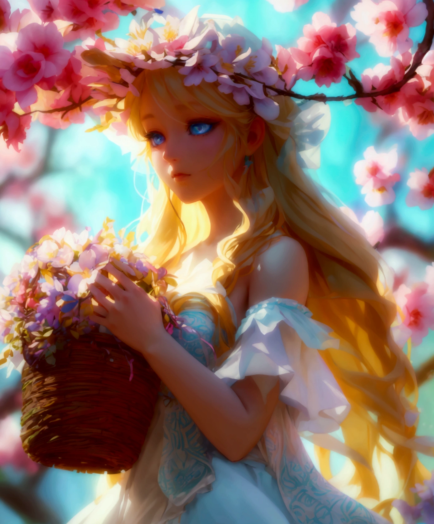 The goddess of spring, with long blond hair, blue eyes, white flowing dress, carrying a flower basket, comes out of the big tree house, surrounded by trees and flowers, bright colors, anime style, animation, illustration, 3d rendering