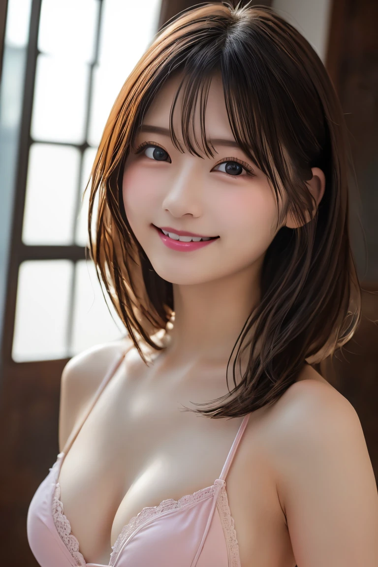 Highest quality, (beautiful)、beautiful女性、Precision Eyes、Brown Hair、Completely naked、Looking into the camera、Large breasts、Medium Hair、smile、indoor、Pink lace micro bikini、Upper Body