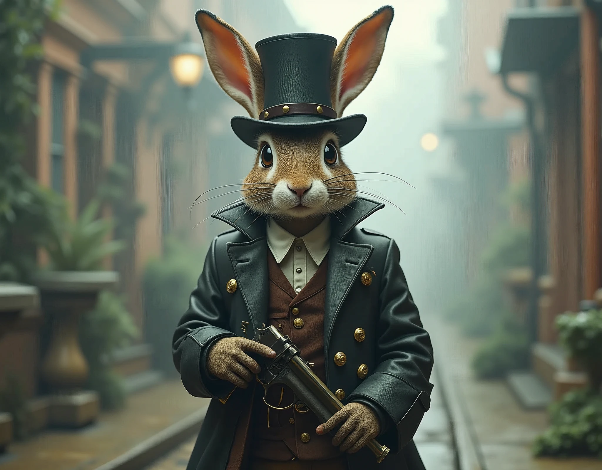 The image depicts a rabbit anthropomorphized with human-like features, dressed in a steampunk-inspired outfit. The character is standing in an environment that suggests a foggy, Victorian-era setting, possibly a steampunk-inspired fantasy world. The rabbit's attire includes a top hat, a long coat with leather accents and brass buttons, and gloves, all of which contribute to the steampunk aesthetic. The presence of the revolver adds a sense of adventure or danger to the scene. The overall impression is one of a character from a science fiction narrative, blending elements of fantasy and historical fashion.