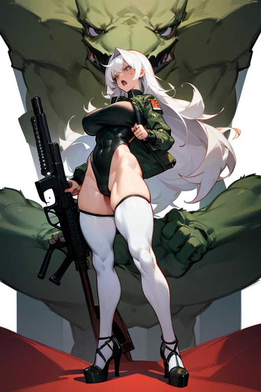 thick hips, thick thighs, platform heels, high cut leotard, bandeau top, huge breast, thin waist, long hair, weapon, pale skin, gun, angry look, scream, thick body, tight stockings, military camouflage, muscular girl, fit girl, ABS,