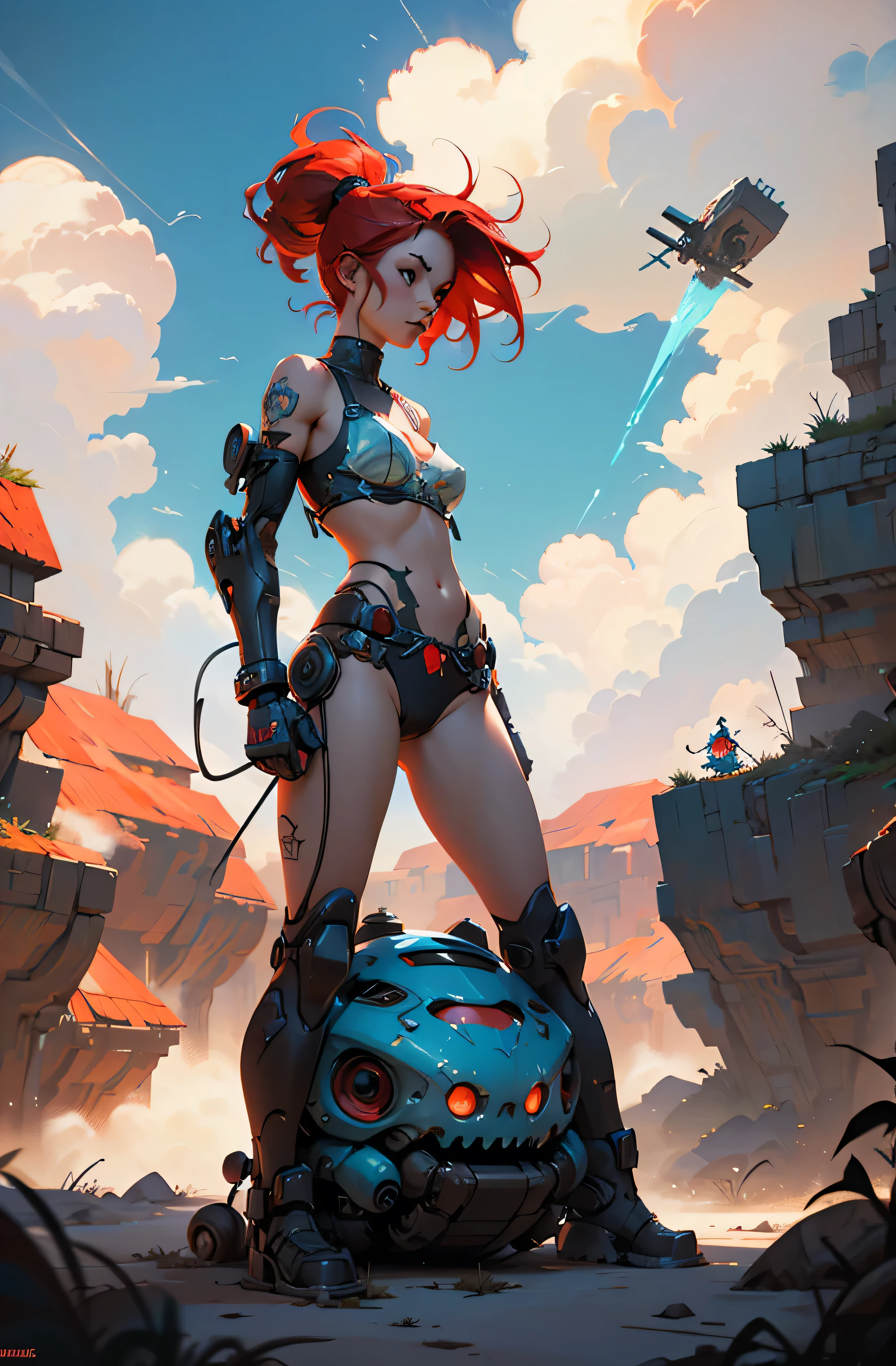 Epic sexy sheer peach skintight Cinematic PUNK ROCK cute red haired woman, with bouncing breasts in the style of Tony Sandoval and Ashley Woods art. Fighting slimy tentacles in the the clouds. EXPLOSION.