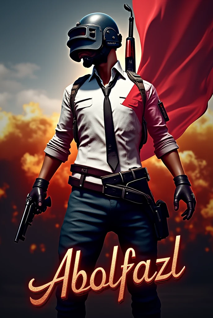 “A PUBG flag with an extraordinary design and meticulous details in the background, accompanied by lighting effects and prominent shadows. At the bottom of the image, the text ‘Abolfazl’ in a stylish and modern font, in metallic colors and with 3D effects that give the image more depth and appeal.”