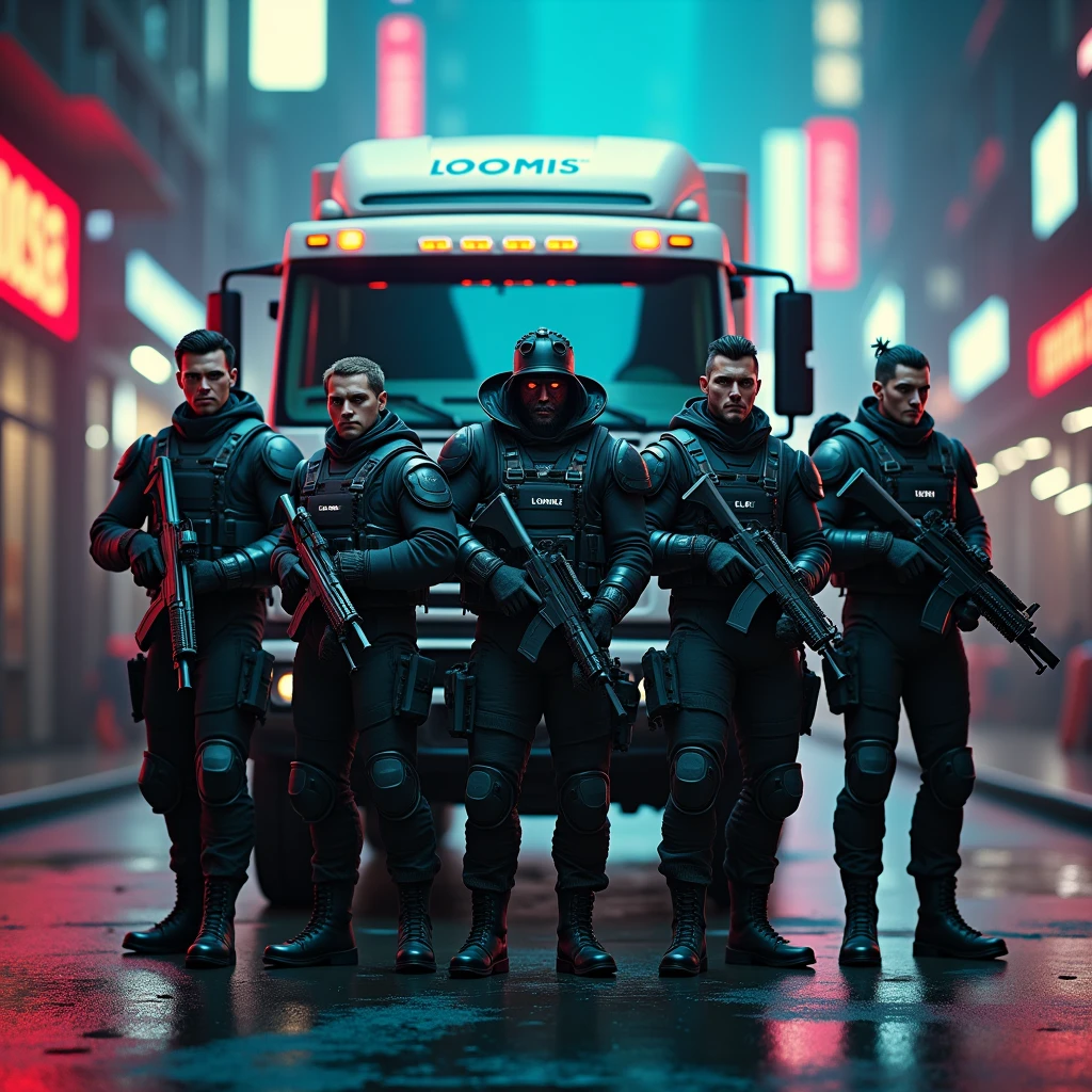 A heavily armored ((vampire spawn)), clad in a modern tactical vest with the word "LOOMIS" emblazoned across the chest, his pale skin contrasting against the black vest as he wields a high-powered rifle with glowing red accents. Next to him, an ((elf wizard)) in a slim, high-tech armored vest also labeled "LOOMIS," holding a sleek, modern tablet connected to a network of magical and technological systems. A ((orc warrior)), wearing a reinforced, heavy-duty tactical vest with "LOOMIS" on the front, grips a modified shotgun designed for maximum impact, his muscular frame and green skin making him an imposing figure. A ((a red skin Tiefling rogue)), dressed in a lightweight, flexible armored vest with "LOOMIS" in red letters, holds dual silenced pistols, her tail flicking as she surveys the area with sharp, calculating eyes. Lastly, a dragonborn Drow, in a custom-fit armored vest with "LOOMIS" prominently displayed, wields a modern assault rifle with attached medical supplies, his scales shimmering under the neon lights. They are positioned around a pristine white armored truck with the name "LOOMIS" in bold red letters, ready for cash pick-up and delivery in a fantasy cyberpunk atmosphere. The scene is filled with modern, highly detailed armor, realistic weapons, glowing neon lights, and a rich color palette. Dramatic lighting casts dynamic shadows, captured from a low-angle, cinematic composition. ((best quality, 8k, hyper realistic, photorealistic, cinematic, ultra-detailed, extremely detailed:1.2))