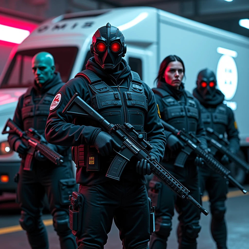 A heavily armored ((vampire spawn)), clad in a modern tactical vest with the word "LOOMIS" emblazoned across the chest, his pale skin contrasting against the black vest as he wields a high-powered rifle with glowing red accents. Next to him, an ((elf wizard)) in a slim, high-tech armored vest also labeled "LOOMIS," holding a sleek, modern tablet connected to a network of magical and technological systems. A ((orc warrior)), wearing a reinforced, heavy-duty tactical vest with "LOOMIS" on the front, grips a modified shotgun designed for maximum impact, his muscular frame and green skin making him an imposing figure. A ((a red skin Tiefling rogue)), dressed in a lightweight, flexible armored vest with "LOOMIS" in red letters, holds dual silenced pistols, her tail flicking as she surveys the area with sharp, calculating eyes. Lastly, a dragonborn Drow, in a custom-fit armored vest with "LOOMIS" prominently displayed, wields a modern assault rifle with attached medical supplies, his scales shimmering under the neon lights. They are positioned around a pristine white armored truck with the name "LOOMIS" in bold red letters, ready for cash pick-up and delivery in a fantasy cyberpunk atmosphere. The scene is filled with modern, highly detailed armor, realistic weapons, glowing neon lights, and a rich color palette. Dramatic lighting casts dynamic shadows, captured from a low-angle, cinematic composition. ((best quality, 8k, hyper realistic, photorealistic, cinematic, ultra-detailed, extremely detailed:1.2))