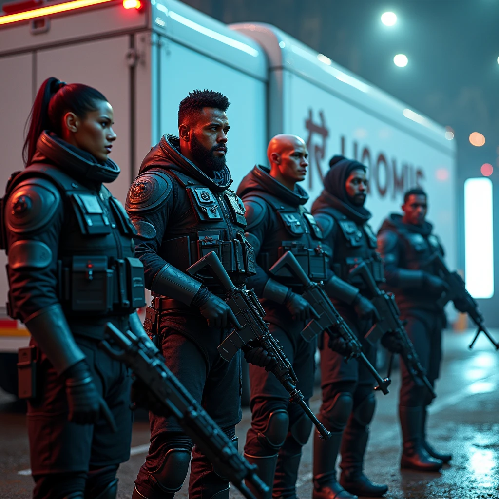 A heavily armored ((vampire spawn)), clad in a modern tactical vest with the word "LOOMIS" emblazoned across the chest, his pale skin contrasting against the black vest as he wields a high-powered rifle with glowing red accents. Next to him, an ((elf wizard)) in a slim, high-tech armored vest also labeled "LOOMIS," holding a sleek, modern tablet connected to a network of magical and technological systems. A ((orc warrior)), wearing a reinforced, heavy-duty tactical vest with "LOOMIS" on the front, grips a modified shotgun designed for maximum impact, his muscular frame and green skin making him an imposing figure. A ((a red skin Tiefling rogue)), dressed in a lightweight, flexible armored vest with "LOOMIS" in red letters, holds dual silenced pistols, her tail flicking as she surveys the area with sharp, calculating eyes. Lastly, a dragonborn Drow, in a custom-fit armored vest with "LOOMIS" prominently displayed, wields a modern assault rifle with attached medical supplies, his scales shimmering under the neon lights. They are positioned around a pristine white armored truck with the name "LOOMIS" in bold red letters, ready for cash pick-up and delivery in a fantasy cyberpunk atmosphere. The scene is filled with modern, highly detailed armor, realistic weapons, glowing neon lights, and a rich color palette. Dramatic lighting casts dynamic shadows, captured from a low-angle, cinematic composition. ((best quality, 8k, hyper realistic, photorealistic, cinematic, ultra-detailed, extremely detailed:1.2))