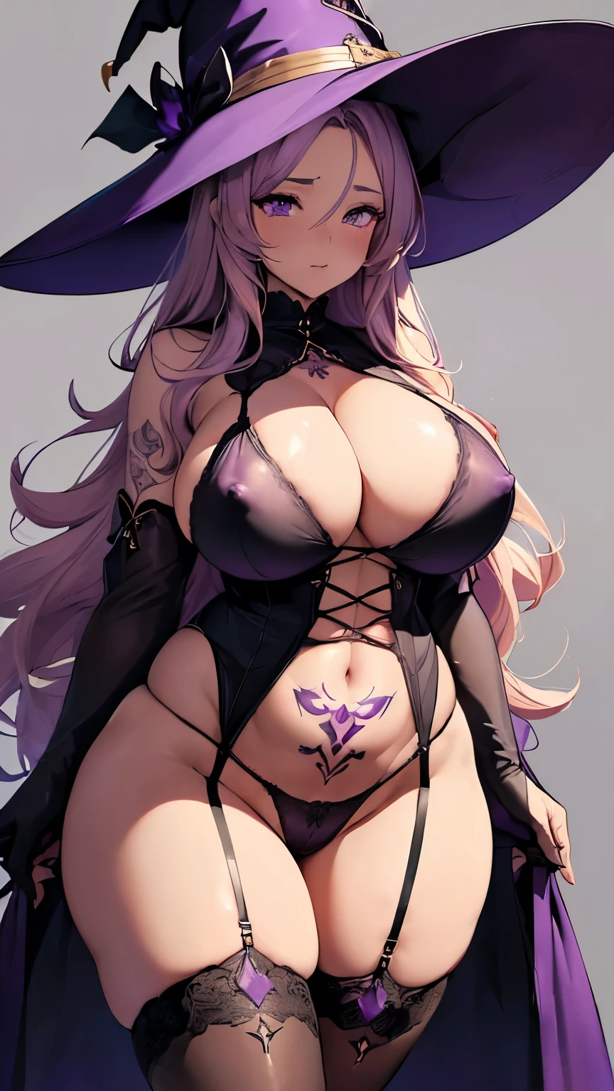 (A witch clutching a giant staff)、Mature Woman、(Witch Hat、Blonde wavy hair)、((Purple see-through lingerie:1.3)、(Black garter belt、Black knee-high socks、Black Gloves、Black boots、gold and jewel decoration)、((Huge breasts)、Underboob、Sideboob、Huge areola、Thick Puffy Nipples)、(glamorous、Absolute area、Camel toe、Thick thighs、Wide Hips、curve)、((Revealing outfit)、(NSFW)、(A large tattoo that glows red on the stock)、Shooting from below、(Witch's House、Glowing magic circle、Evil ancient ruins)、(Bitch、Lewd、Slut、Prostitute、Sexual climax)