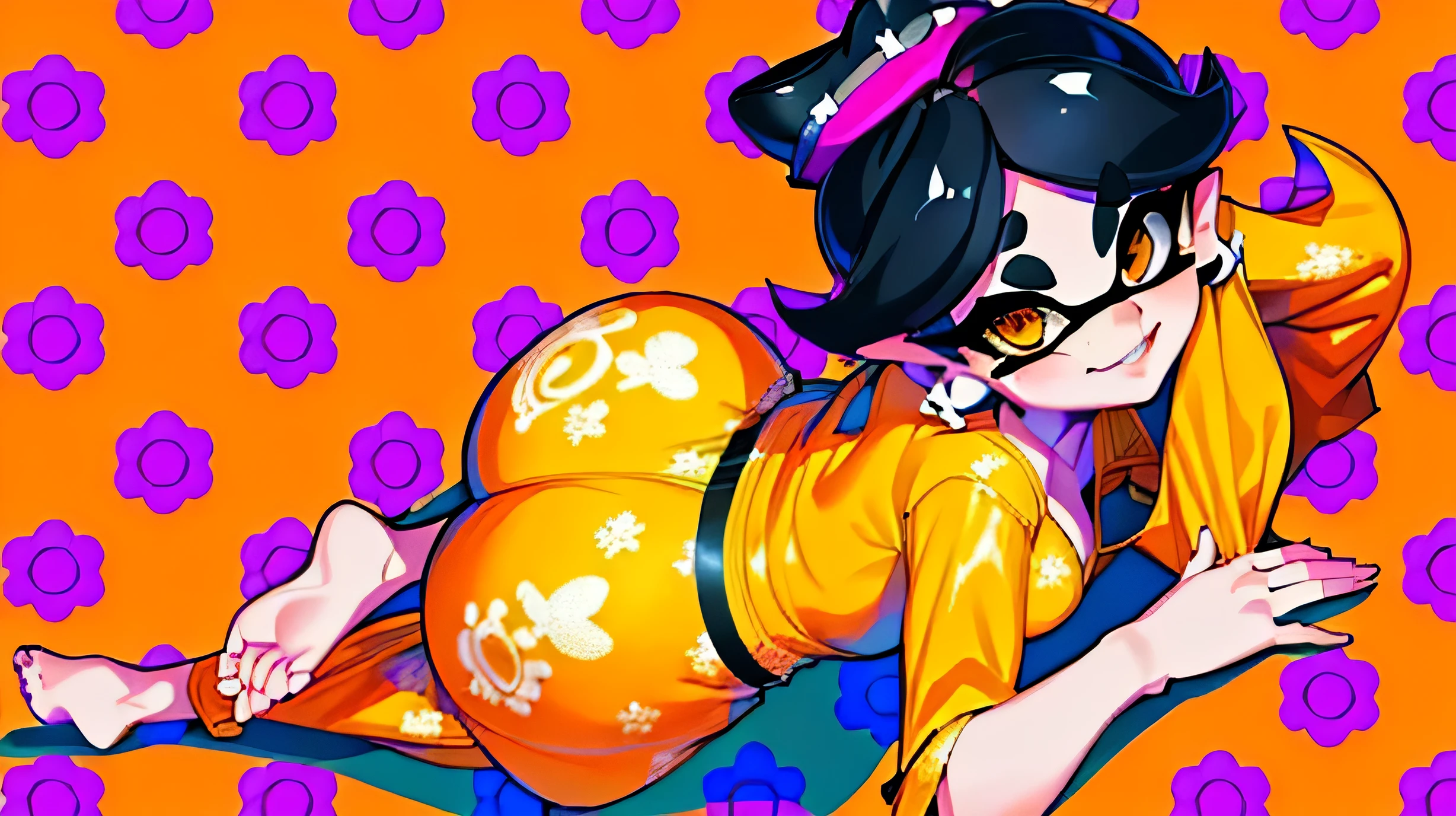 Callie from splatoon, callie tendida en el suelo.,big booty,orange pijama