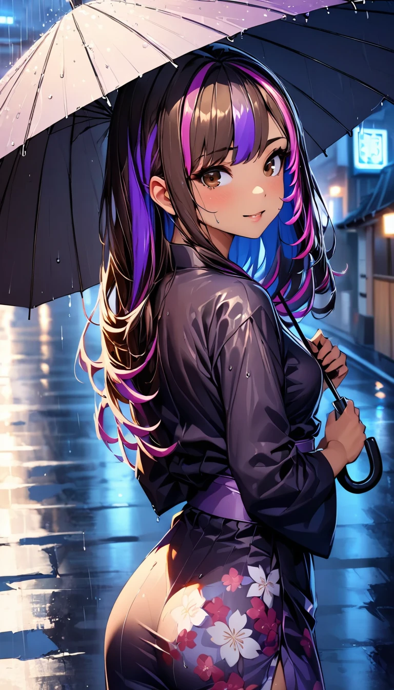 (highest quality:1.2, Very detailed, up to date, Vibrant, Ultra-high resolution, High Contrast, masterpiece:1.2, highest quality, Best aesthetics), Portraiture、girl、((25-years-old:1.5)), (holding up umbrella:1.6), traditional Japanese kimono, yukata, Bright colors、Beautiful fine details、Beautiful lip detail, long hair、black and purple ((streaked hair:1.6)), highlights hair: 1.5, brown eyes, ((slim body:1.4)), (small breast:0.7), (dark skin:0.5), rainy day, rain night, street in Kyoto, wet street, looking back, (cowboy shot),