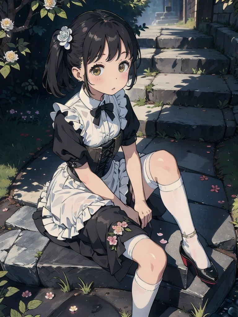 cute、daily、Black maid dress with a white skirt, White Stockings, Tight corset、Black patent pumps、Flower Hair Ornaments、on the cobblestone、Sitting on stone steps
