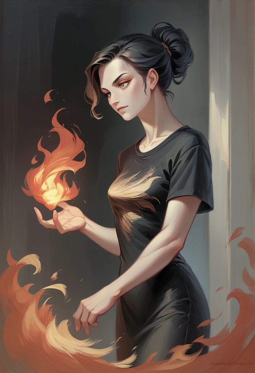 a girl's sloppy appearance mulatto with ponytail black hair, fire, black T-shirt, flames, elegant, digital painting, concept art, sharp focus, illustration