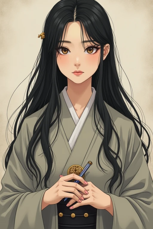 Japanese　woman　I have long hair　fortune teller　smile　Pen　Zhu　Talisman　Amulet　serious　clear　kimono