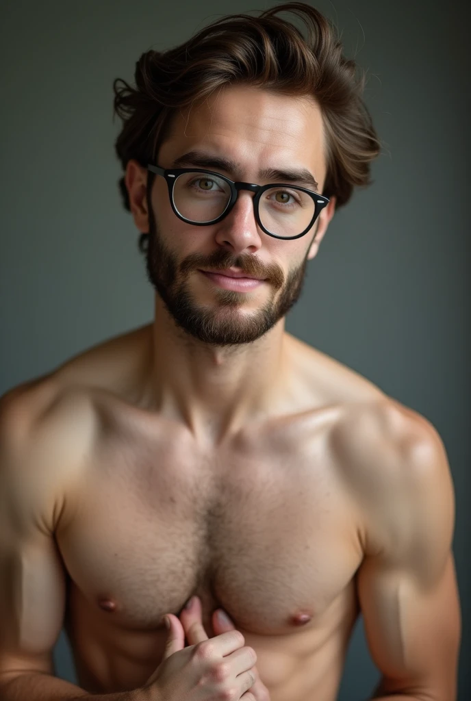A young man with a beard, No blouse, offwhite, with little hair on the chest, muscular guy with round glasses,
with his penis out, hairy and cumming while masturbating